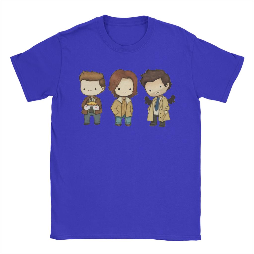 Humor Sam Dean Castiel Supernatural Chibi TShirt Men Round Neck Pure Cotton T Shirts TV Shows Short Sleeve Tees Gift Tops
