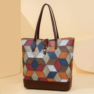 Vintage Large Capacity Tote Bag Color Block Women Shoulder Bag Patchwork Handbag