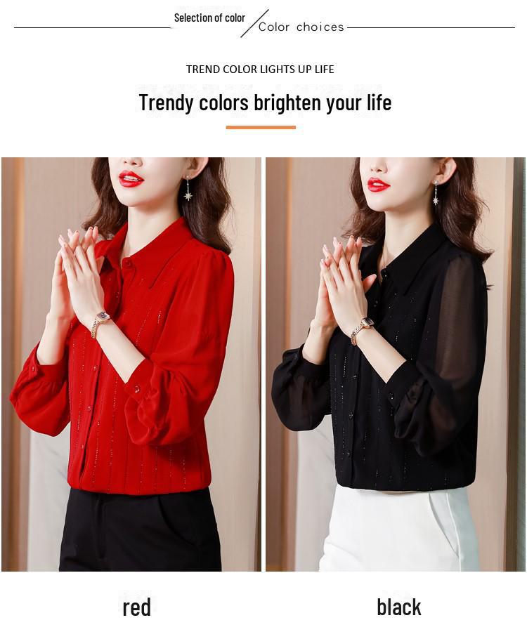 Dámská černá šifonová košile s dlouhým rukávem - Elegantní styl pro rané jaro, podzim a zimu 2023.