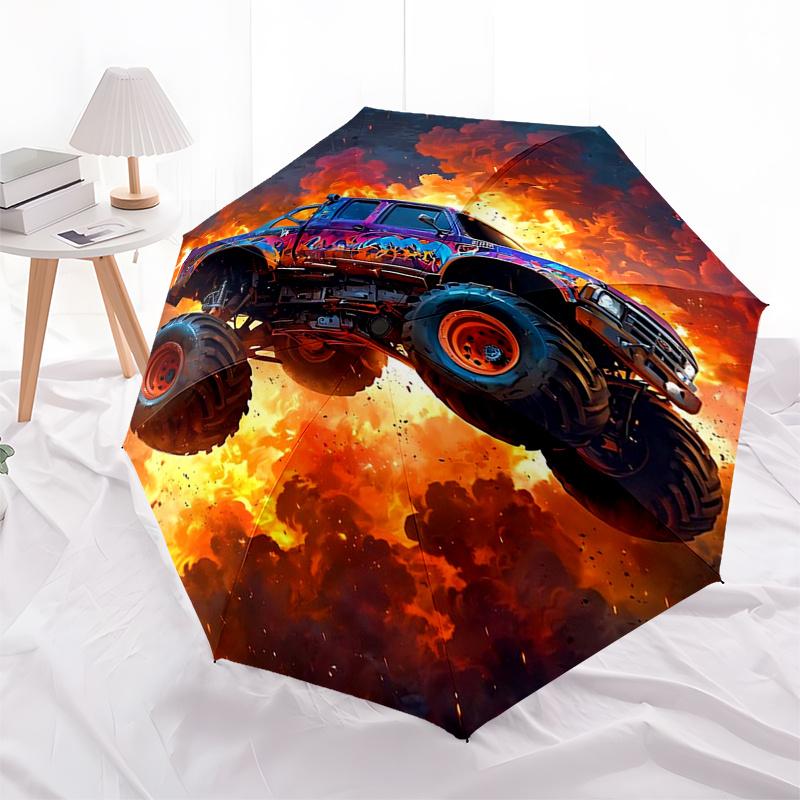 Monster Truck Themen-Reiseregenschirm mit 8 Speichen, Automatisches Öffnen und Schließen, Tragbares faltbares Design, Kompakter und stilvoller Schirm geeignet für