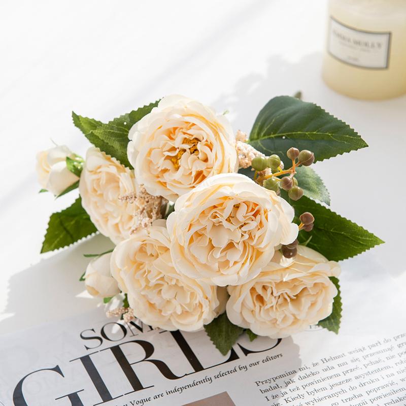 5-Petal Autumn-Colored Peony Artificial Flower Bride Bouquet Wedding Living Room Table Decoration For Vase Home Diy Fake Plants