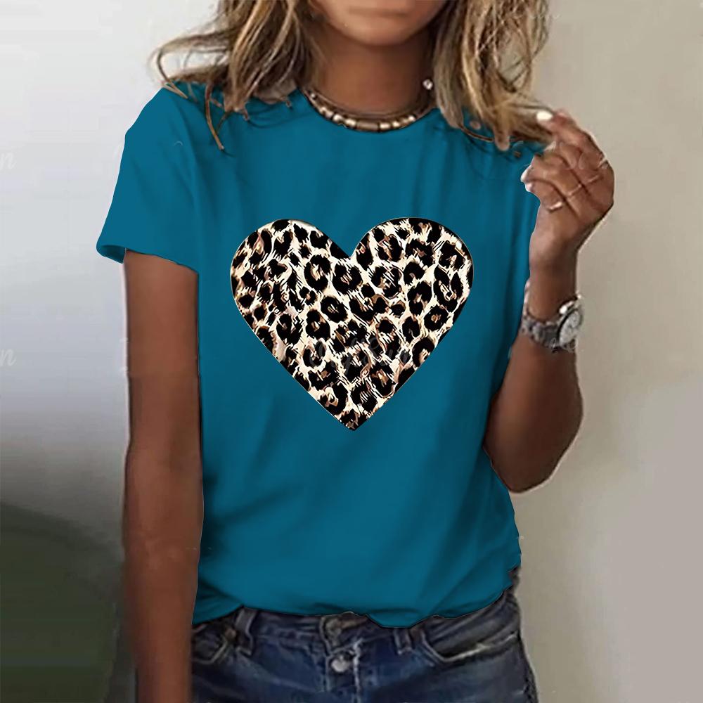 Módní leopardí trička Vzor srdce lásky 3D potisk Dámské tričko s krátkým rukávem a kulatým výstřihem Y2k Harajuku Tees Topy Dámské oblečení