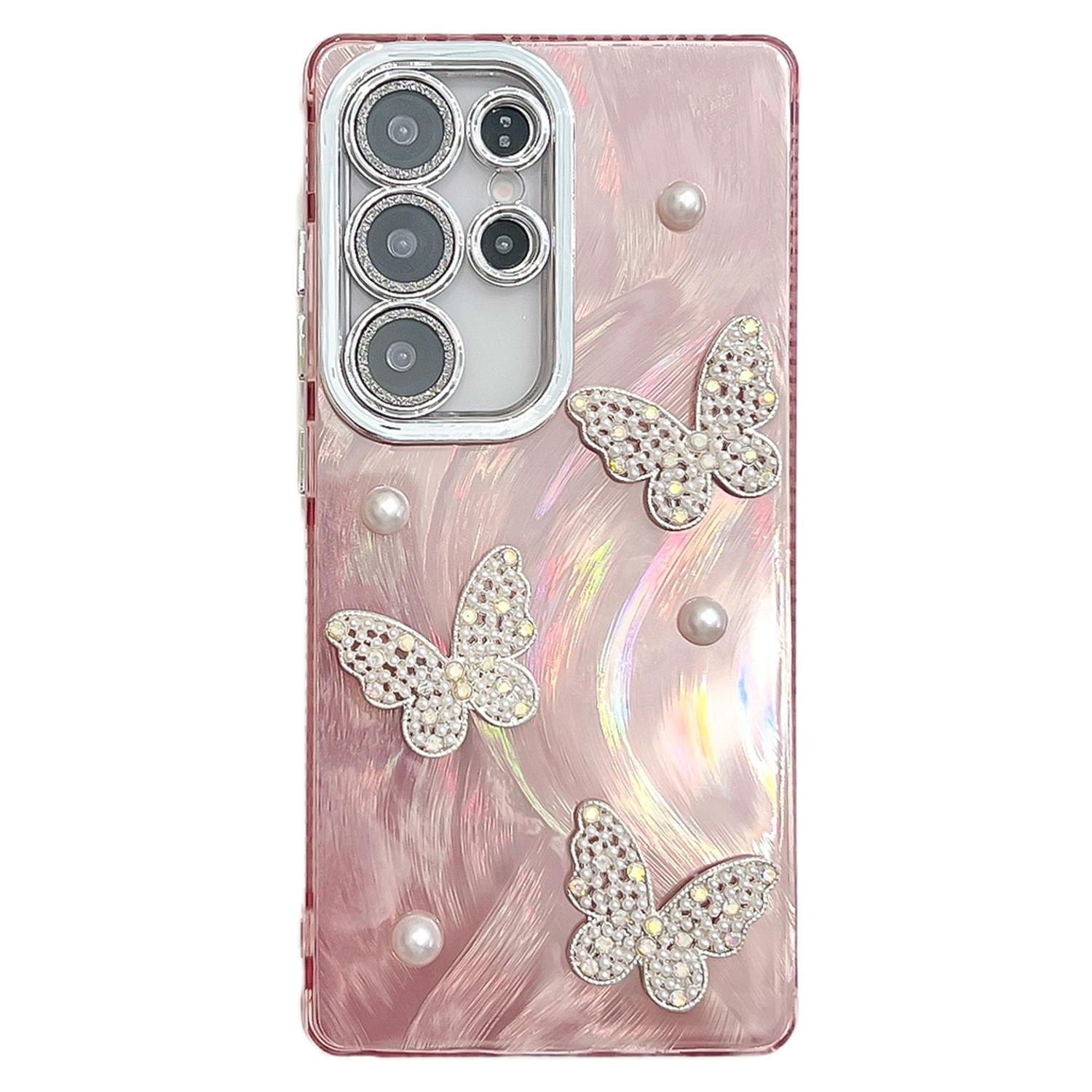 

For Samsung Galaxy S24 Ultra Case Butterfly Pearl Decor IMD PC+TPU Phone Cover with Glass Lens Film Feather Yarn/Rose Gold