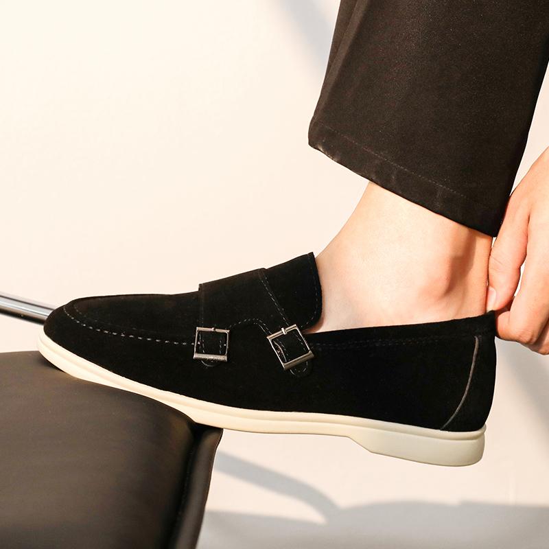 Fashion Autumn Winter New Flat Heel Lightweight Bean Shoes Simple Buckle Non-slip Men's Round Head Leisure Business Large Loafer Shoes
