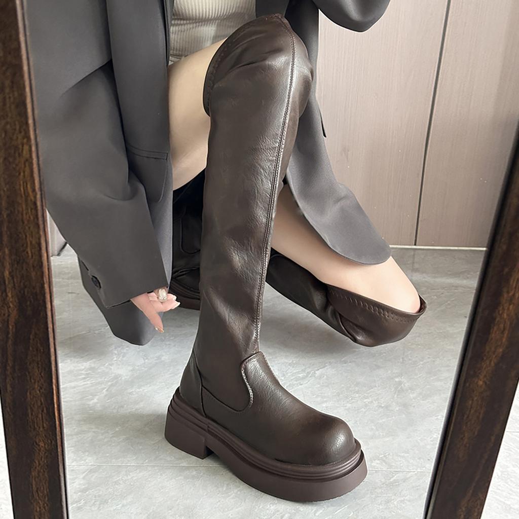 Queen Fan Brown British Style Over Knee Platform Boots Women's Summer 2025 New Versatile Height Increasing and Skinny Boots