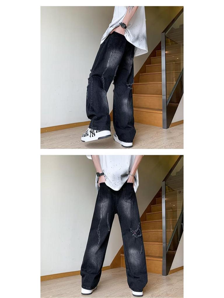 Men's Washed Ripped Jeans - Loose Straight Fit, Summer Vibes, Retro High Street Style