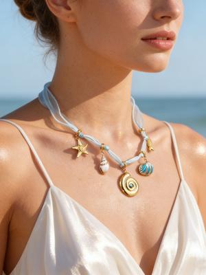 Collier Bohème Turquoise Coquillage Conque Étoile de Mer Poisson Chaîne en Fil pour Femmes Acier Inoxydable Bijoux Fête d'Été sur la Plage