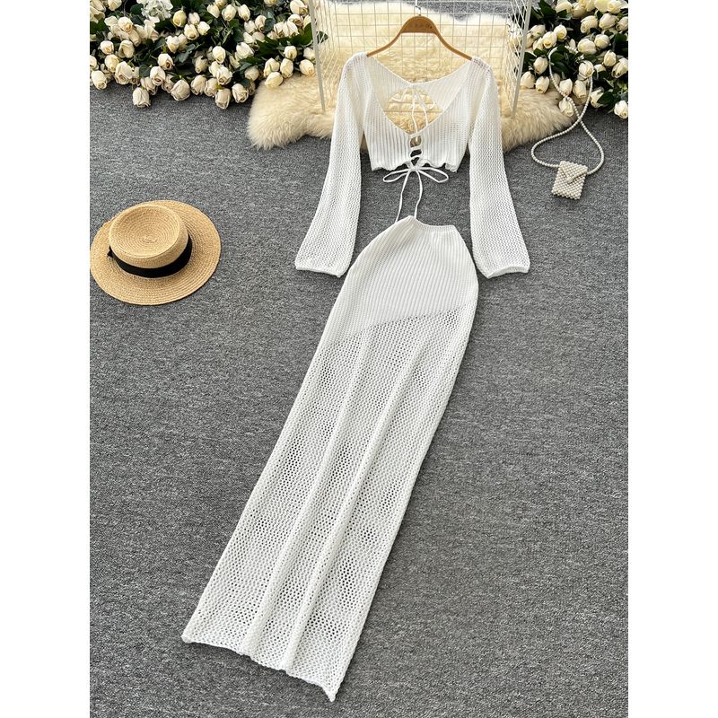 Holiday Style White Knitting Suit Women Seaside Beach Bikinis Strap Waist Hugging Hollow Long sleeve Cover up Skirt