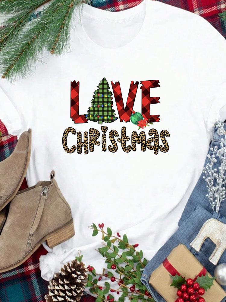 (Asian Size) Tee New Year Holiday Merry Christmas Top Festival Casual Leopard Tree Style Cute Women Print Lady Short Sleeve Fashion Graphic T-shirts