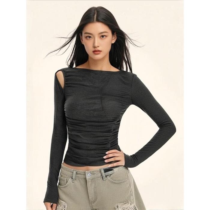 Spicy Girl Waist-Cinching Long-Sleeve Pleated T-Shirt - Slim-Fit, Figure-Flattering Design for Early Autumn