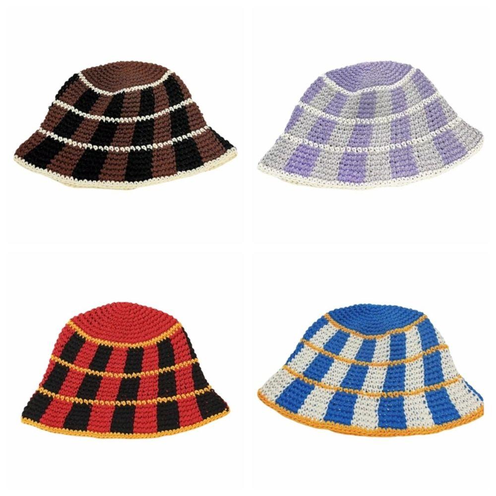 Crochet Striped Bucket Hat Thermal Panama Hat Casual Cold Cap Beach