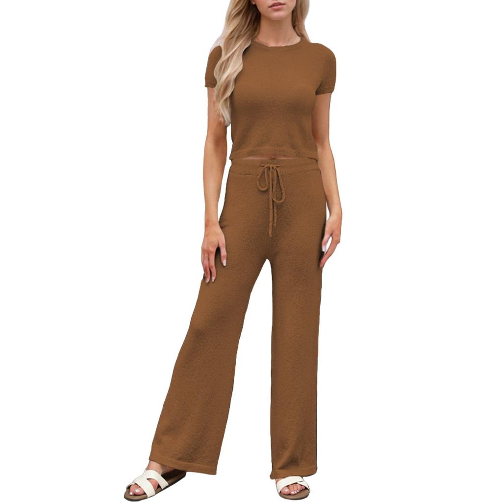 Women's Fashion Vacation Beach Round Neck Casual Loose Short Sleeve Pants Suit