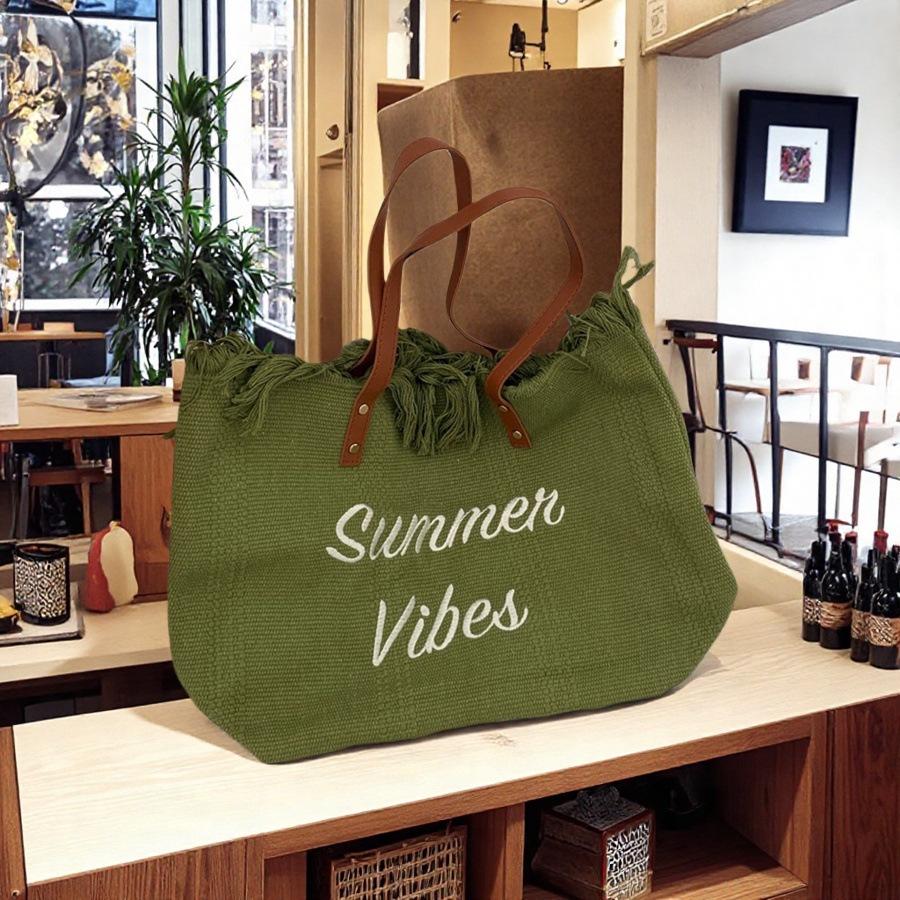 Korean Canvas Embroidered Tote: Versatile Women's Woven Beach Handbag with Tassel