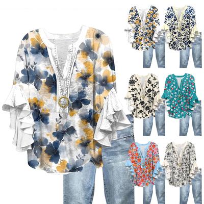 Tops For Women Cute Button V Neck 3/4 Sleeve Blouses Print Top Casual Shirts