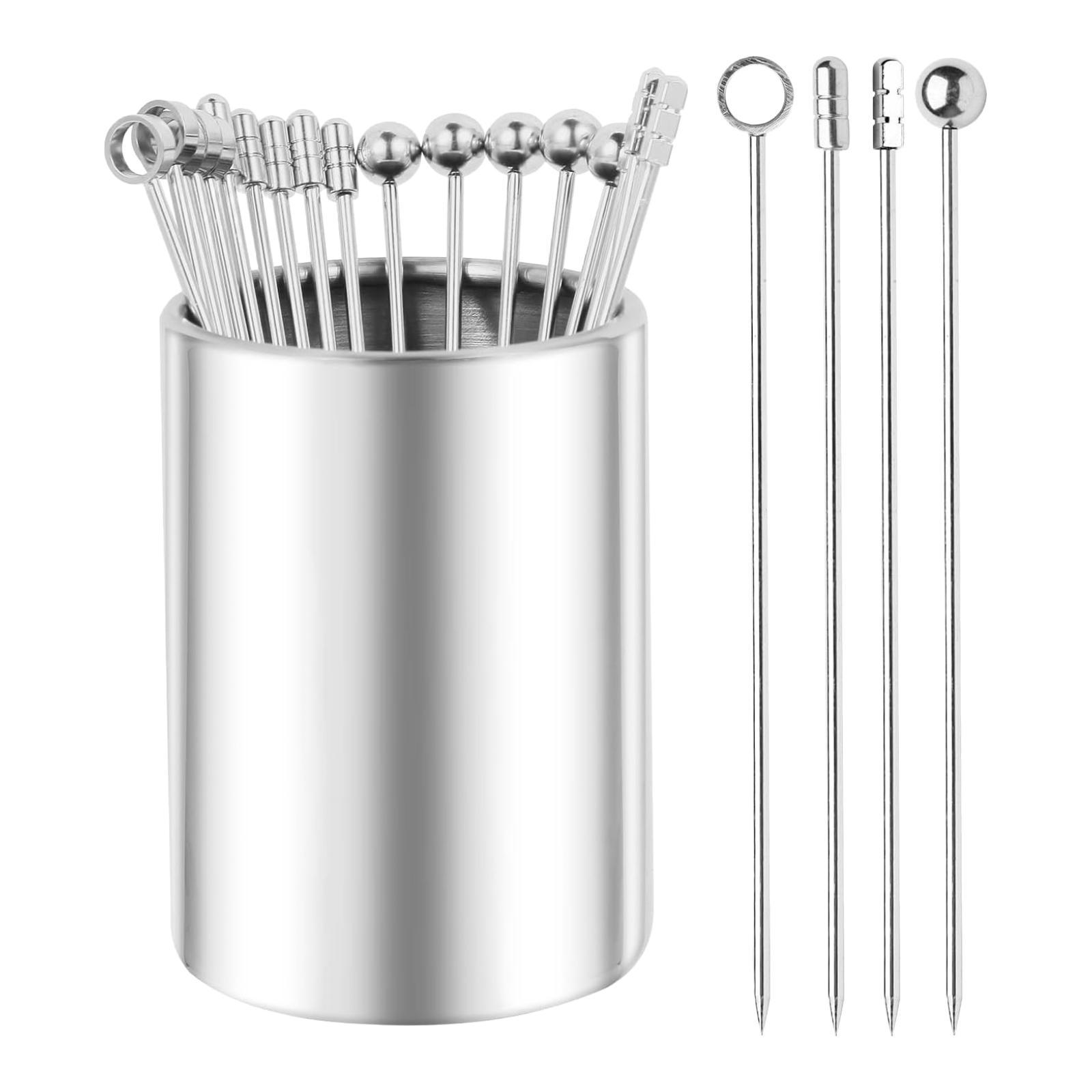 20Pcs Cocktail Picks with Holder Drink Toothpicks Fruit Forks Stainless Steel