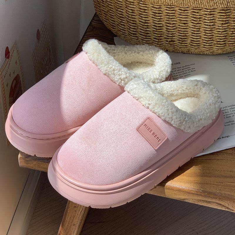 New solid color thick-bottomed shit-stepping slippers autumn and winter couples home velvet warm and non-slip cotton slippers