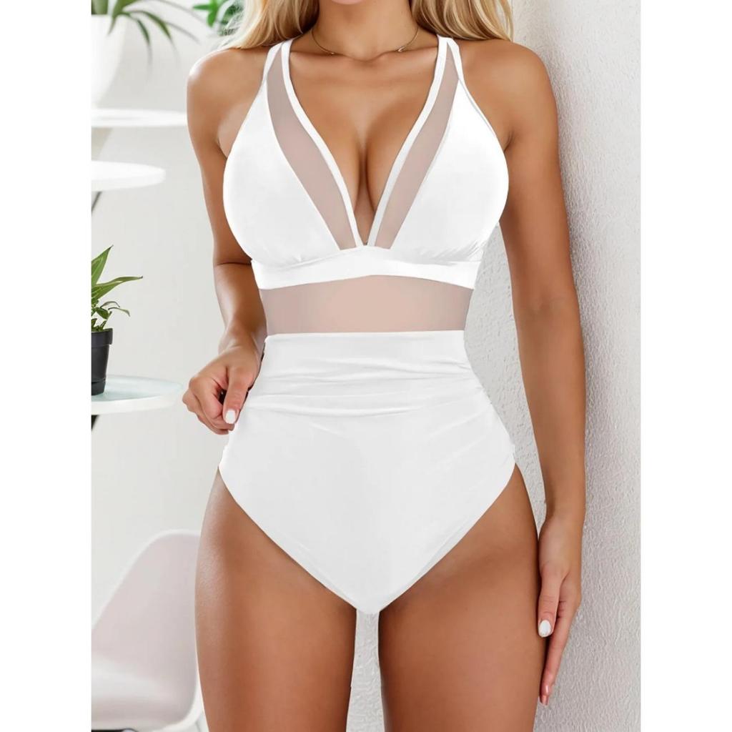 Solid One-piece Swimsuit Women Deep V-neck Removable Bra Plain Monokinis New Summer Beach Swimwear Swimsuit Female