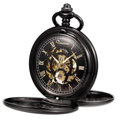 TREEWETO Classic Smooth Double Case Mechanical Pocket Watch, Silver, Steampunk Style, Roman Numerals, Fob Watch, Men's & Women's, with Chain, Black