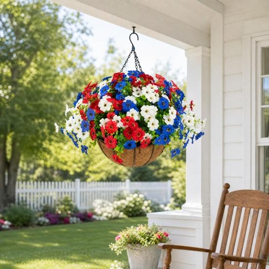 Artificial Outdoor Flower with Hanging Baskets, Red White Blue Fake Flower Planter, Patriotic Decor for 4th of July, Porch Garden