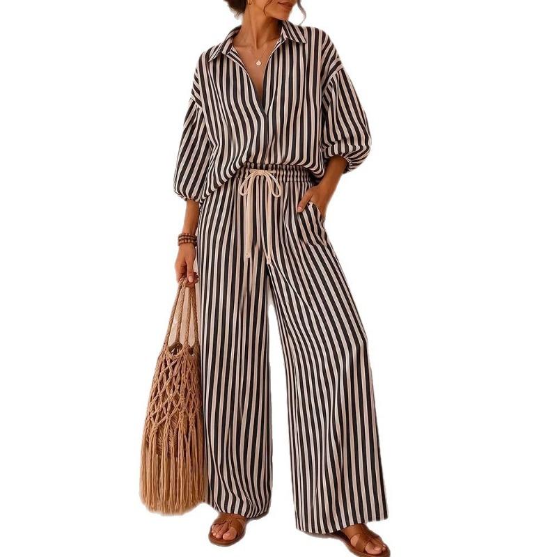 Women Fashion Striped Long Sleeve Shirt Loose Pants Two Piece Casual Set