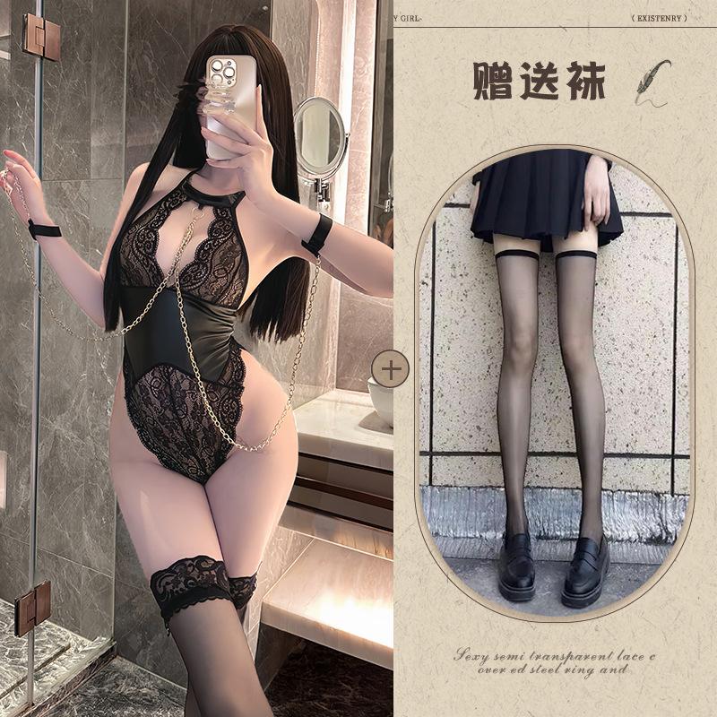 Scheming sexy lingerie lace hollowed out thin punk onesie metal chain sm cosplay