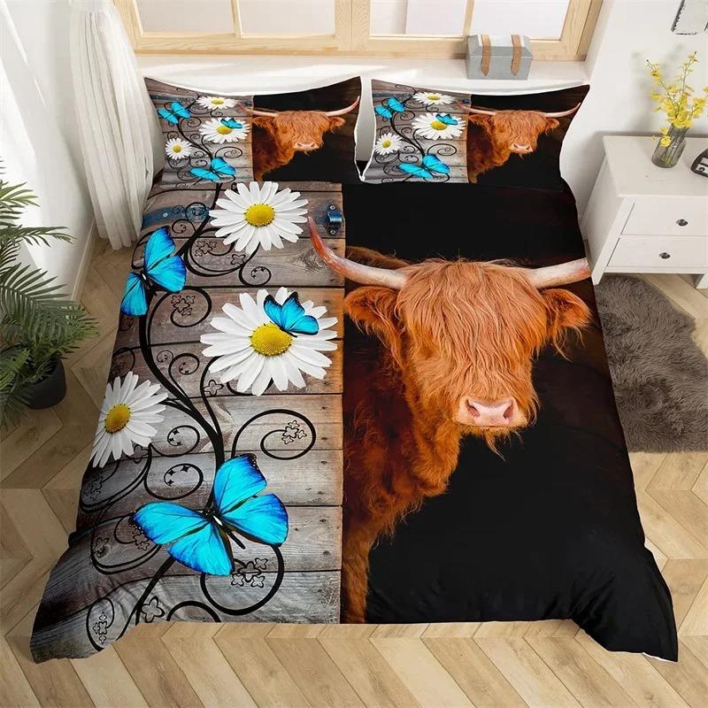 Highland Cow Duvet Cover King Queen Western Farm Animal Comforter Cover Microfiber Bull Cattle Floral Bedding Set For Kids Teen