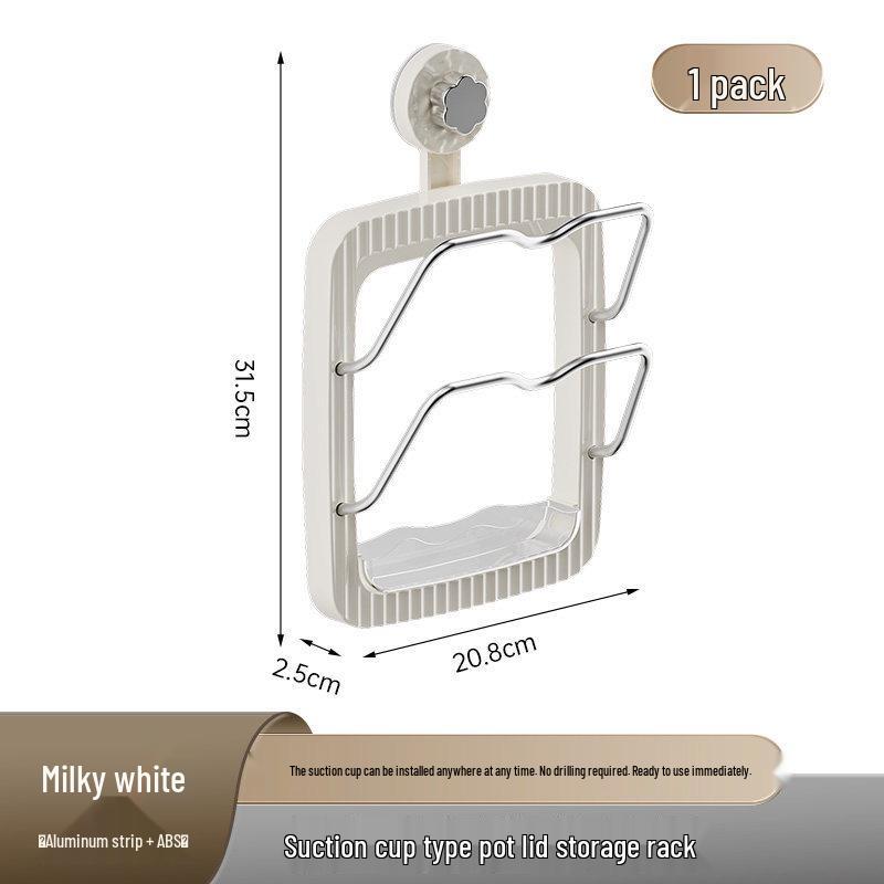 Wandmontiertes Küchenregal im Cremestil mit Saugnapf für Topfdeckel und Schneidebretter