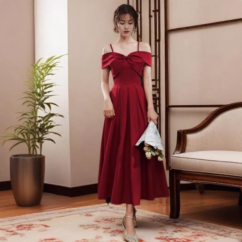 French Red Wedding Toast Bride Shoulder Suspender Engagement Dress Women Small Back Dress Women