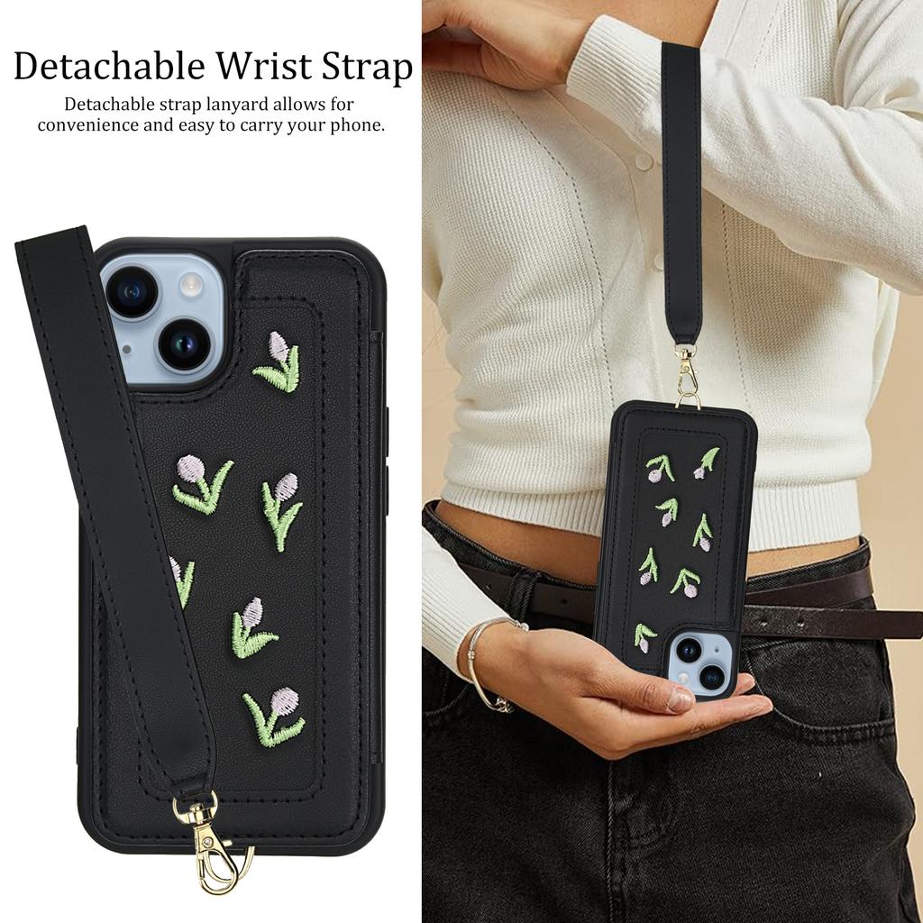 For iPhone 14/13 Case Embroidered Tulips PU Leather Card Holder Back Cover with Shoulder Strap/Wrist Strap