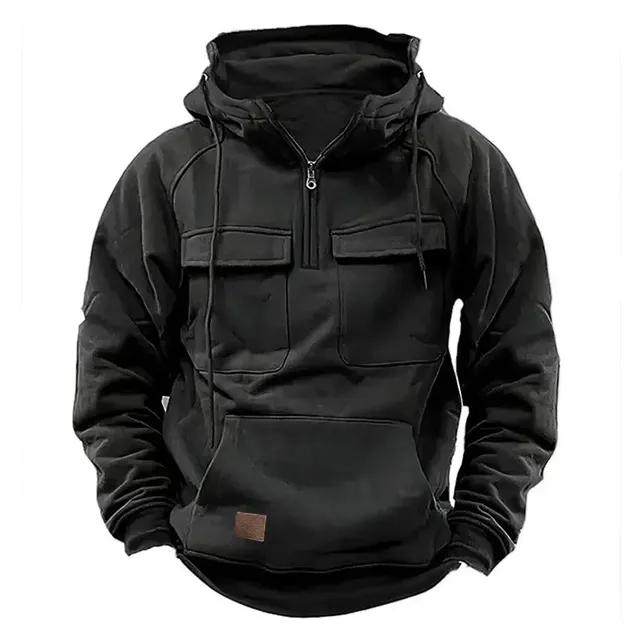 Half Zipper Men's Tactical Hoodies Solid Military Sweatshirts Multi Pockets Male Hooded Jackets Thick Outdoor Polar