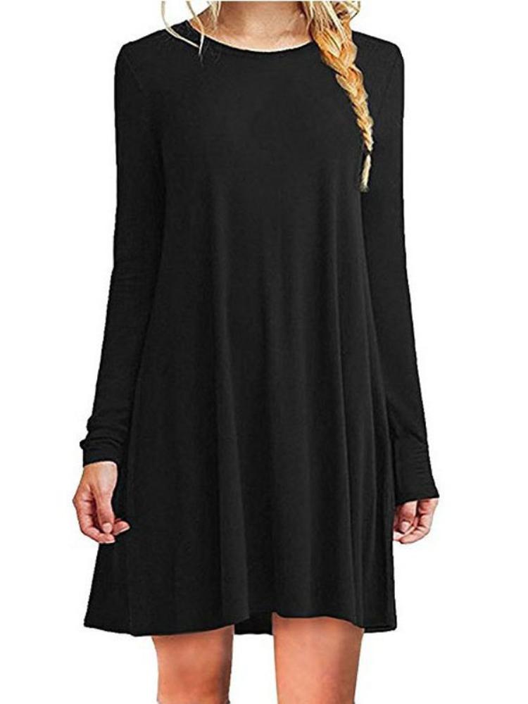 Women Long Sleeve Pleated Swing Loose Dress Women Solid Color Round Neck Casual Dress