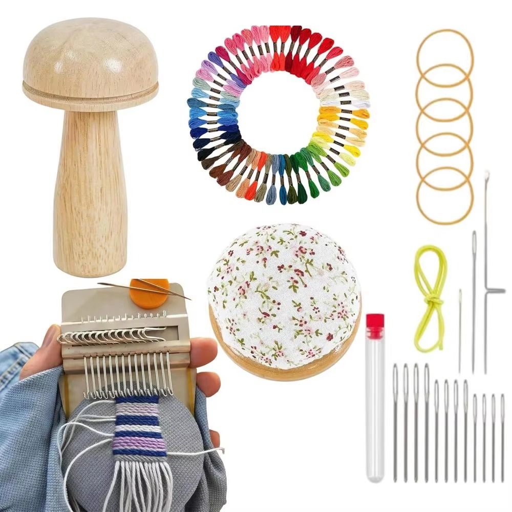 DIY Crafts Sock Darning Kit Weaving Loom Egg/Mushroom Shaped Knitting Patch Repairing Tool Wooden Base 50 Color Threads