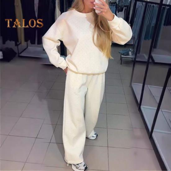 2 Teile/satz Damen Top Hosen Anzug Rundhals Langarm Strass Dekor Sweatshirt Elastische Taille Weite Bein Hose Alltagskleidung Sport Outfit Herbst