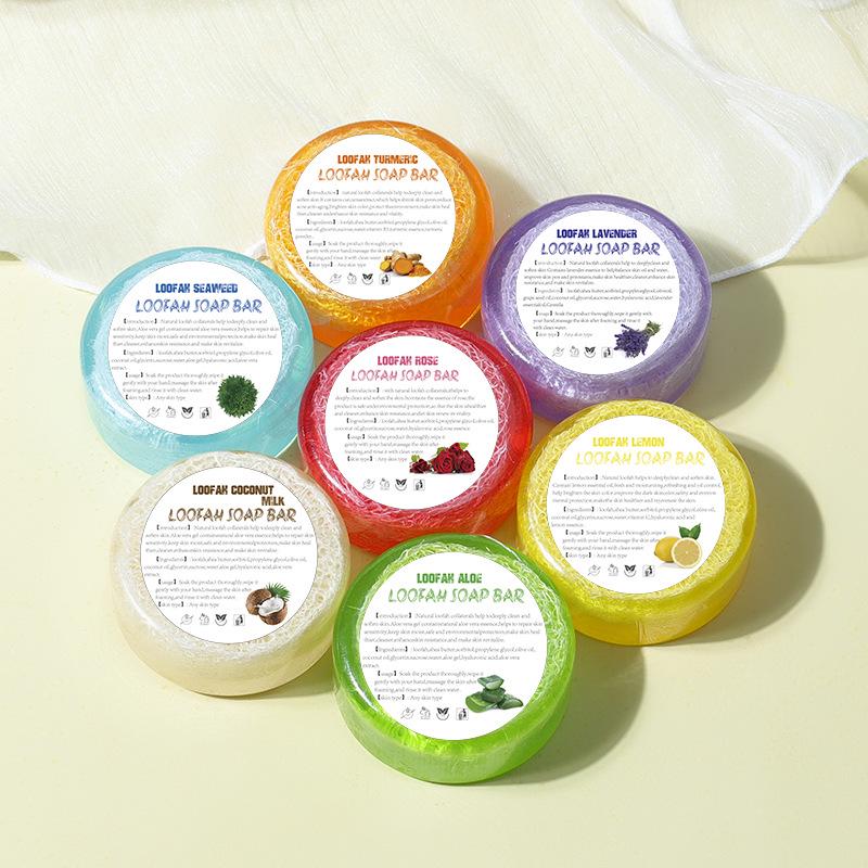 Sapone Spugna Luffa al Limone Fatto a Mano - 100g Sapone Detergente con Olio Essenziale Sale Marino Rosa e Spugna Luffa per Viso e Corpo.