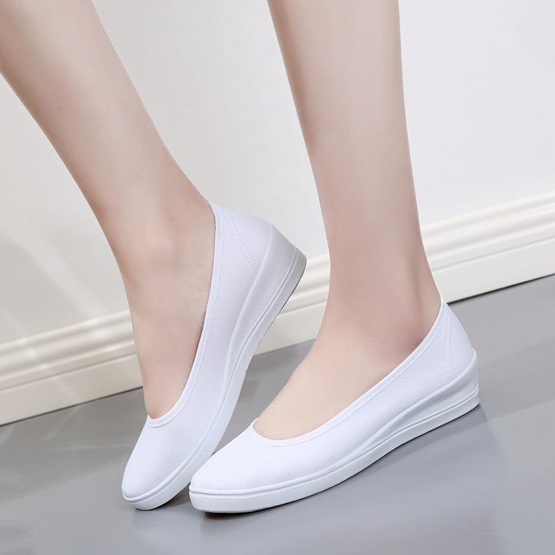 Women's White Nurse Shoes Slip-Resistant Low Wedge Heel Comfort Work Slip-Ons for Hospital Beauty Salon Breathable Canvas