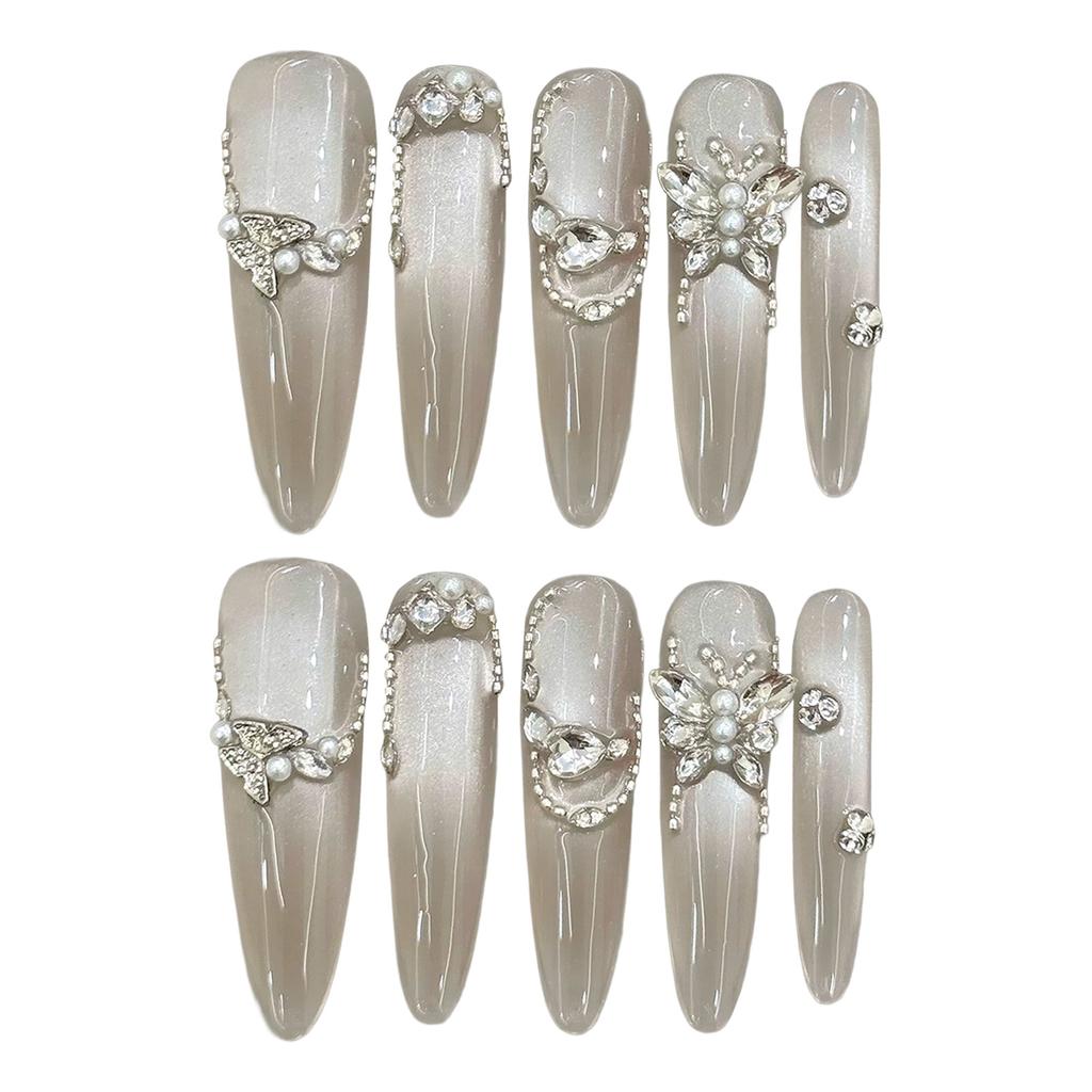 10PCS Cat Eyes False Nails with Rhinestone Sweet & Charming Reusable False Nails for Hot Girl Dress Matching
