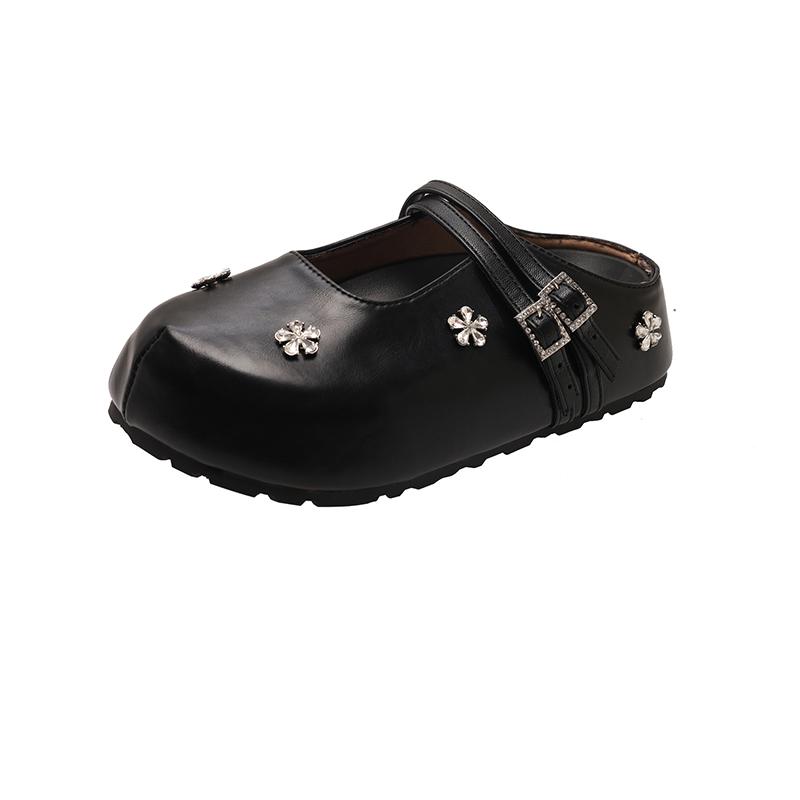 Fashion Spring 2025 Fashionable Simple Diamond Flower Head Cover Semi Slip-On Flat Bottom Round Toe  Women's Casual Shoes