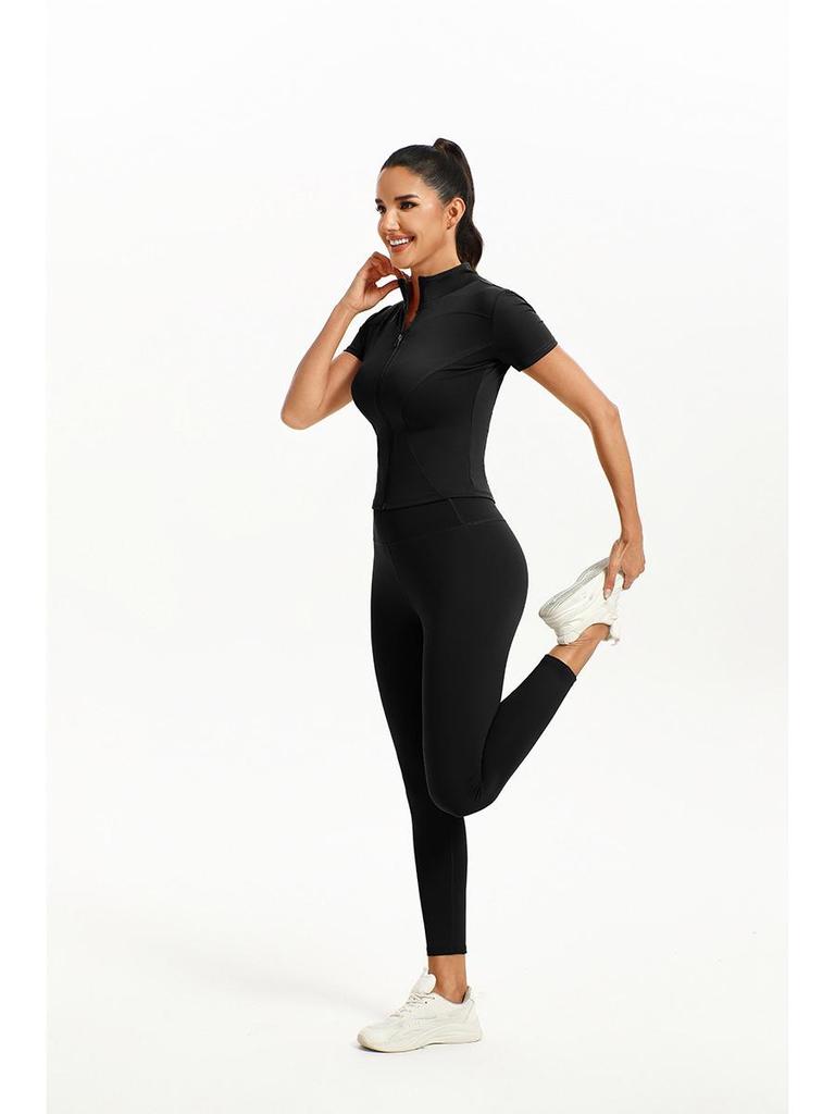 European & American Solid Color Yoga Two-Piece Set: Short Sleeve Top & Nine-Point Pants
