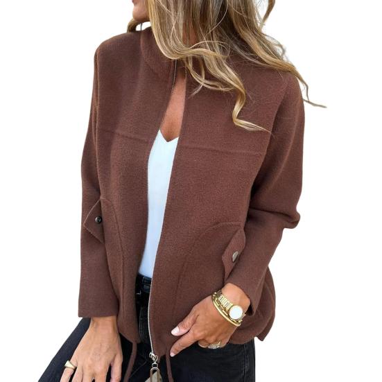 Women Jacket Stand Collar Long Sleeve Woolen Coat with Pockets Solid Color Warm Lightweight Coat Daily Wear