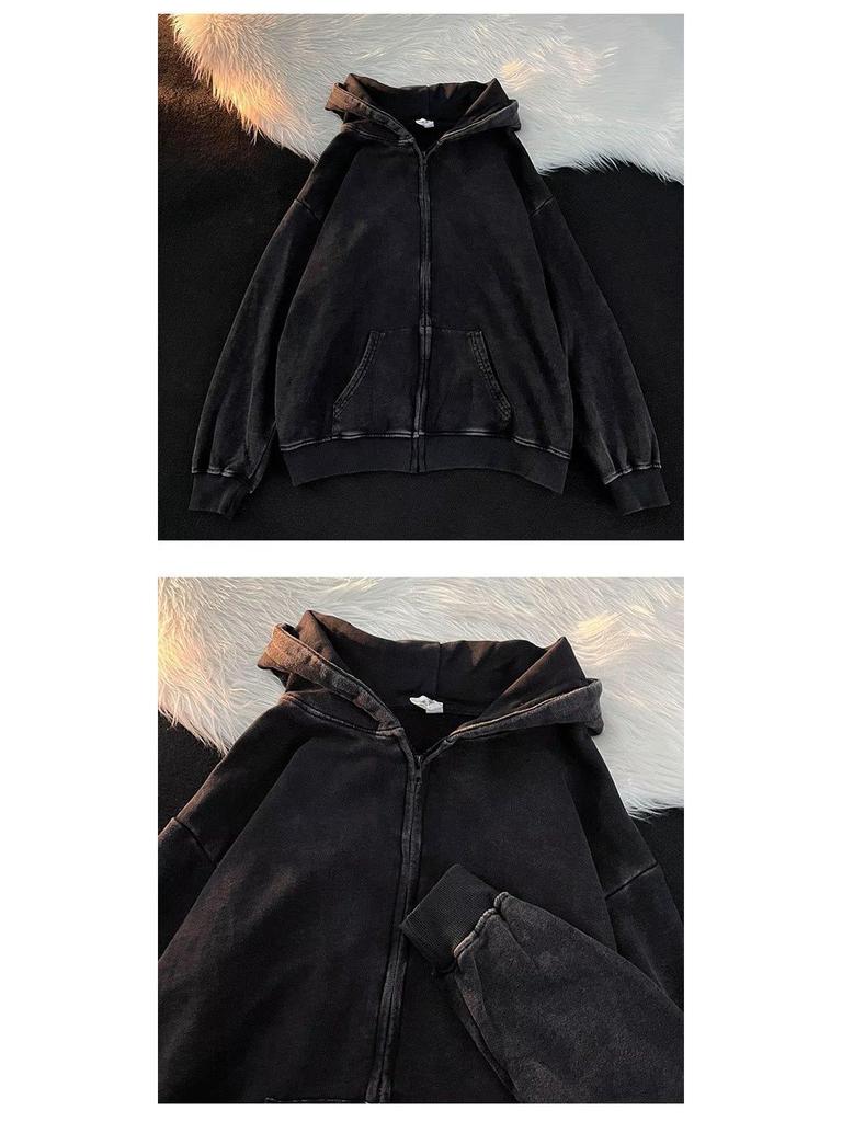 Retro Washed Distressed Men's Hooded Sweater Cardigan - Japanese Casual Spring/Autumn Style