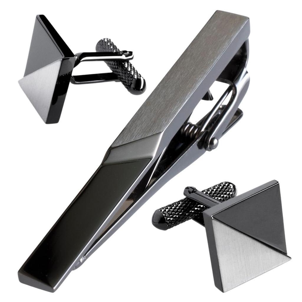 TAVARAT Brass Geometric Tie Clip and Cufflink Made In Black and Silver Men's Set, Japan,
