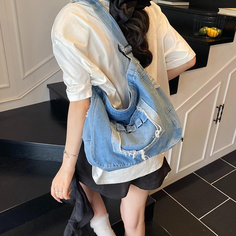 Korean Washed Denim Tote Bag - Women's 2025 Summer Fashion, Large Capacity Shoulder Crossbody
