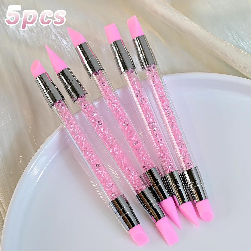 5PCS Dual-Headed Silicone Nail Art Brushes Sculpture Pen Rhinestone Gem Picker Wax Pen Nail Dotting Polishing Drawing Tools