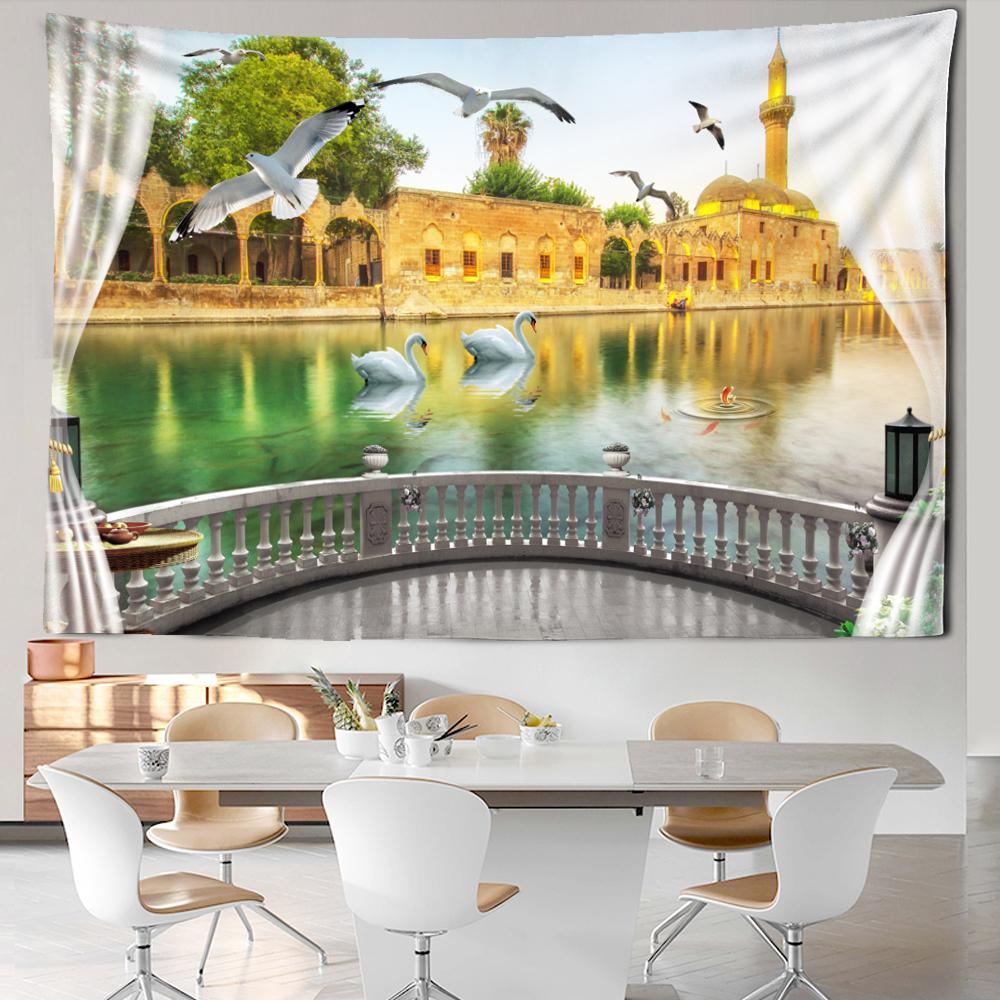 Imitace oken Krajina Tapiserie Nástěnný závěs Přímořská scenérie Kolej Bohémský obývací pokoj Domácí dekorace