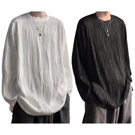 Men Fall Spring Top Water Wave Texture Round Neck Long Sleeve Oversized Solid Color Loose Pullover Hip Hop Streetwear Mid Length Men Soft T-shirt