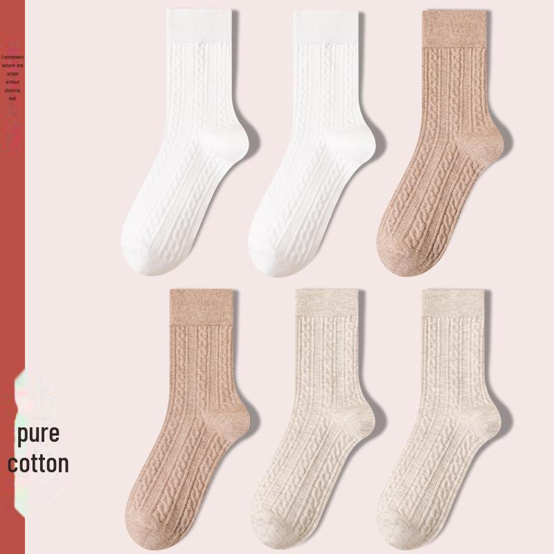 Women's Retro Twist Pure Cotton Mid-Tube Socks - Antibacterial, Deodorant, Autumn/Winter, White Long Socks.