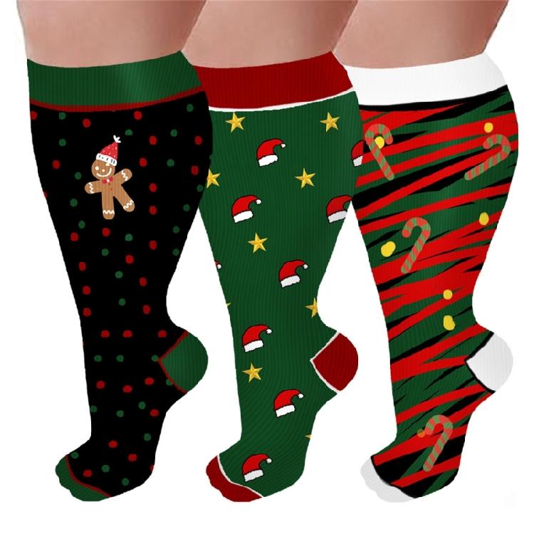 3 Pairs Christmas Pattern Athletic Wide Calf Compression Socks for Men and Women Running Flight Travel Nurses Pregnant