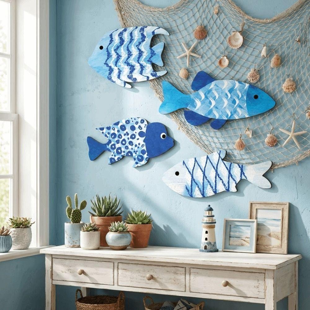 Marine Style Wooden Fish Wall Decor School of Fish Nautical Wall Art  Living Room Decor