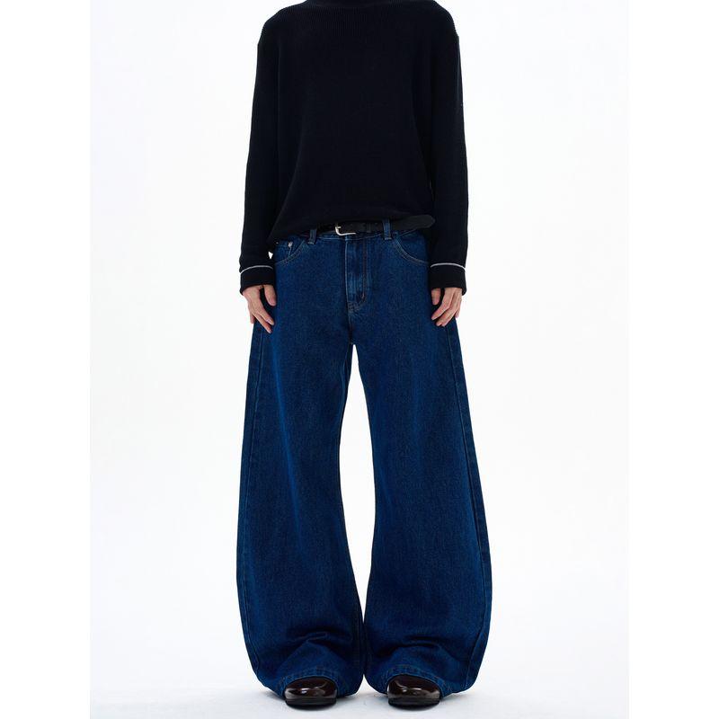 Kisko American Retro Washed Distressed Dark Blue Scimitar Jeans for Men and Women, Loose Straight-Leg Slimming Long Pants