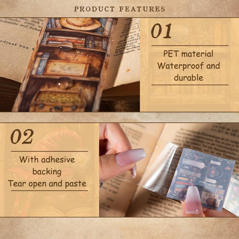Dark Magic Bookcase Pet Tape Set With Clip, Waterproof Gothic Scrapbook Sticker Rolls